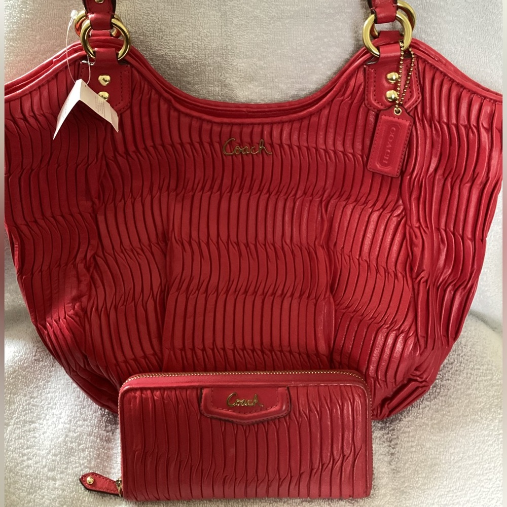Coach Madison Raspberry Gathered Leather Ashley Tote 23928 Wallet 46481 Set